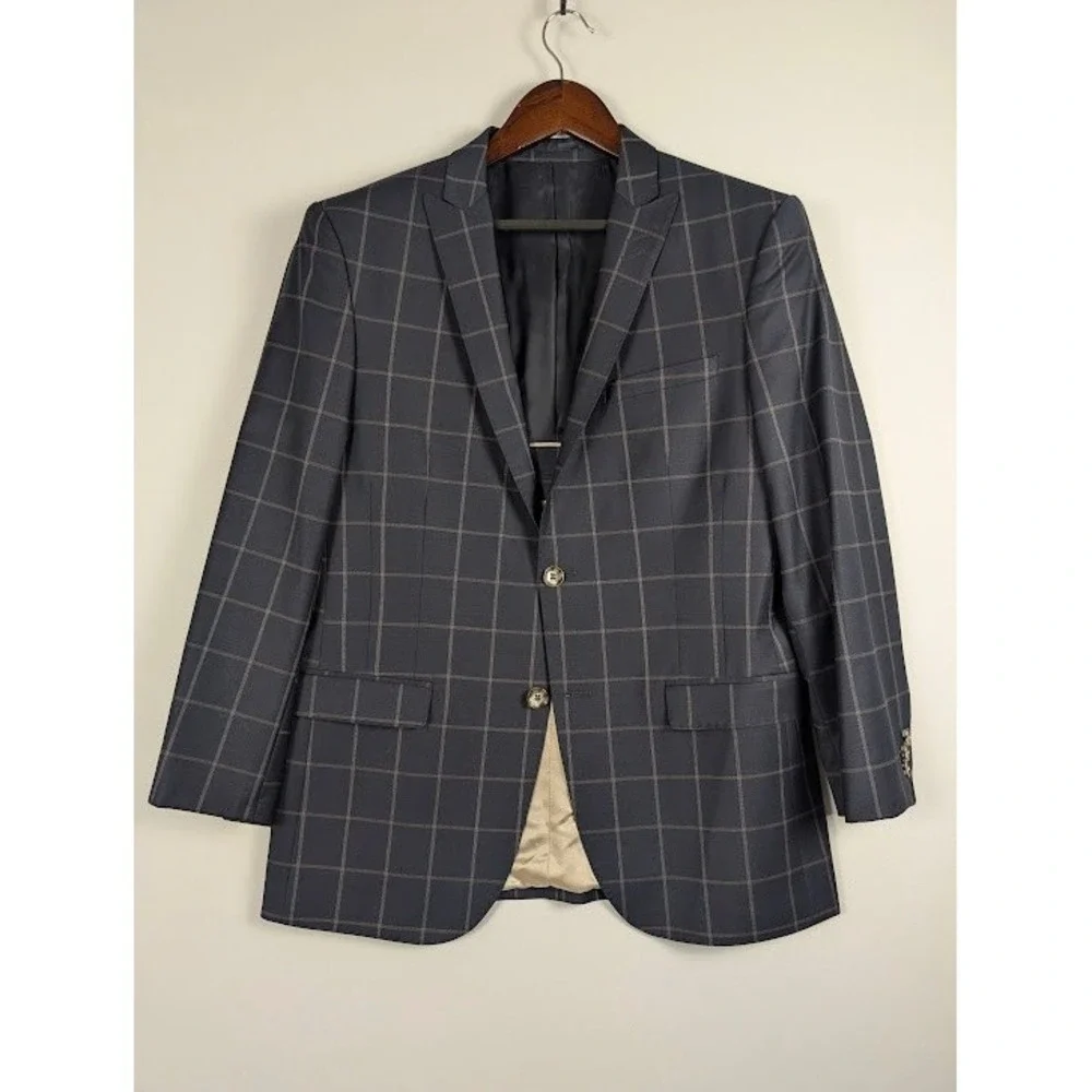 Maceoo Descarte Blazer Mens 38/2 Small Navy Blue Tan‎ Windowpane Plaid Wool